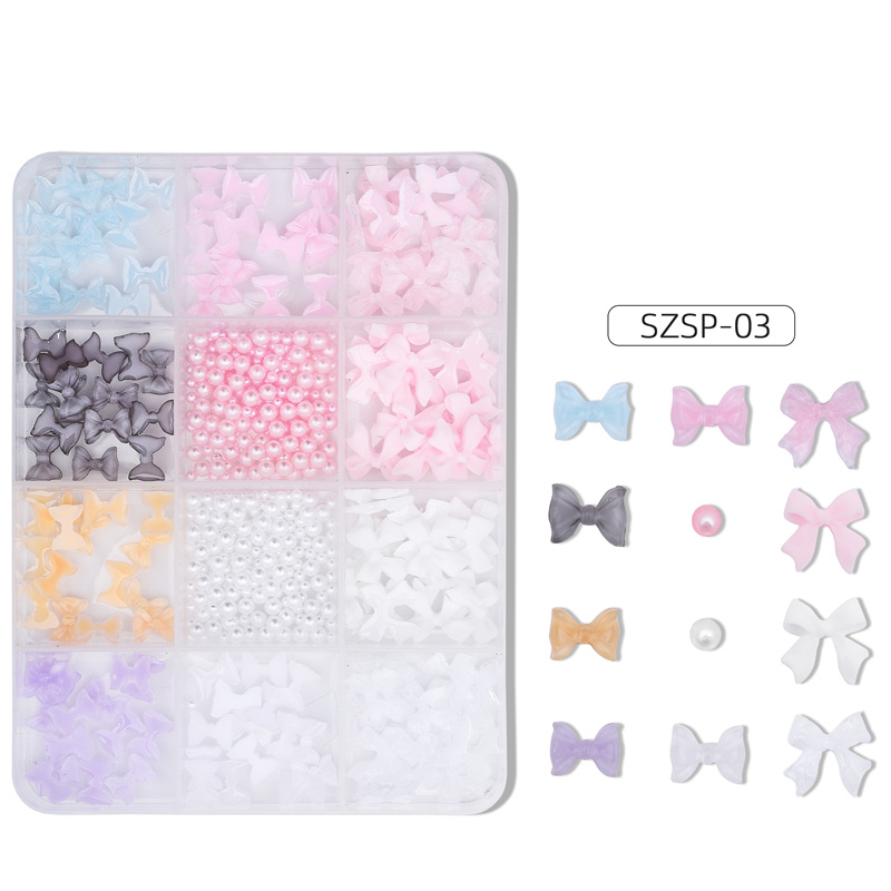 Exclusividad transfronteriza para 12 cuadros de uñas mixtas, joyas de resina, arco, perlas, Aurora, diamantes de forma especial, juego de joyas de bricolaje
