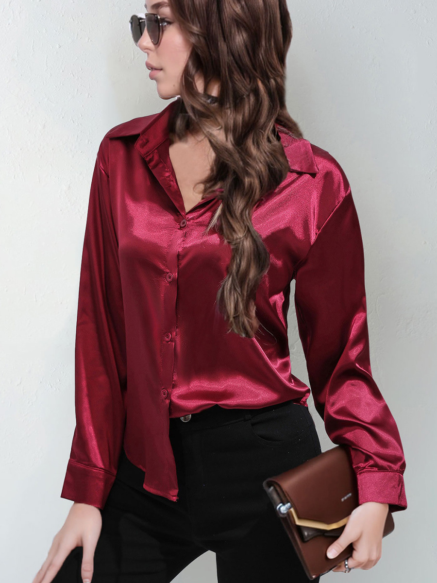 Camisa de satén para mujer, manga larga de seda de imitación de satén, blusa de color sólido explosiva de Amazon, camisa de solapa delantera con botones elegantes
