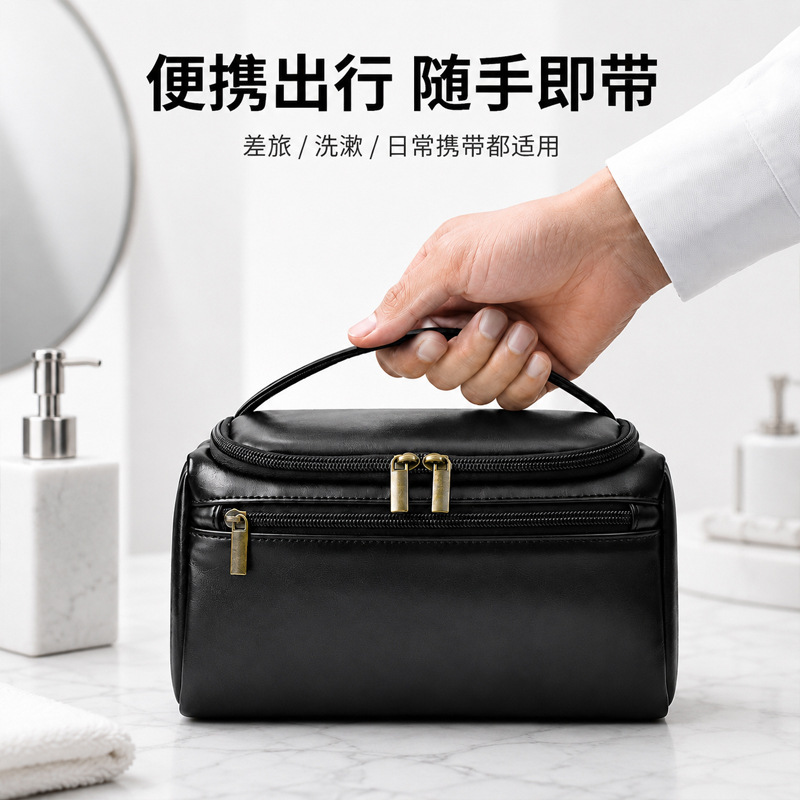 Bolsa de almacenamiento negro cuero pu caballo loco estriado impermeable a prueba de suciedad bolsa de maquillaje bolsa de lavado bolsa de viaje de negocios para hombres bolsa de negocios image 2