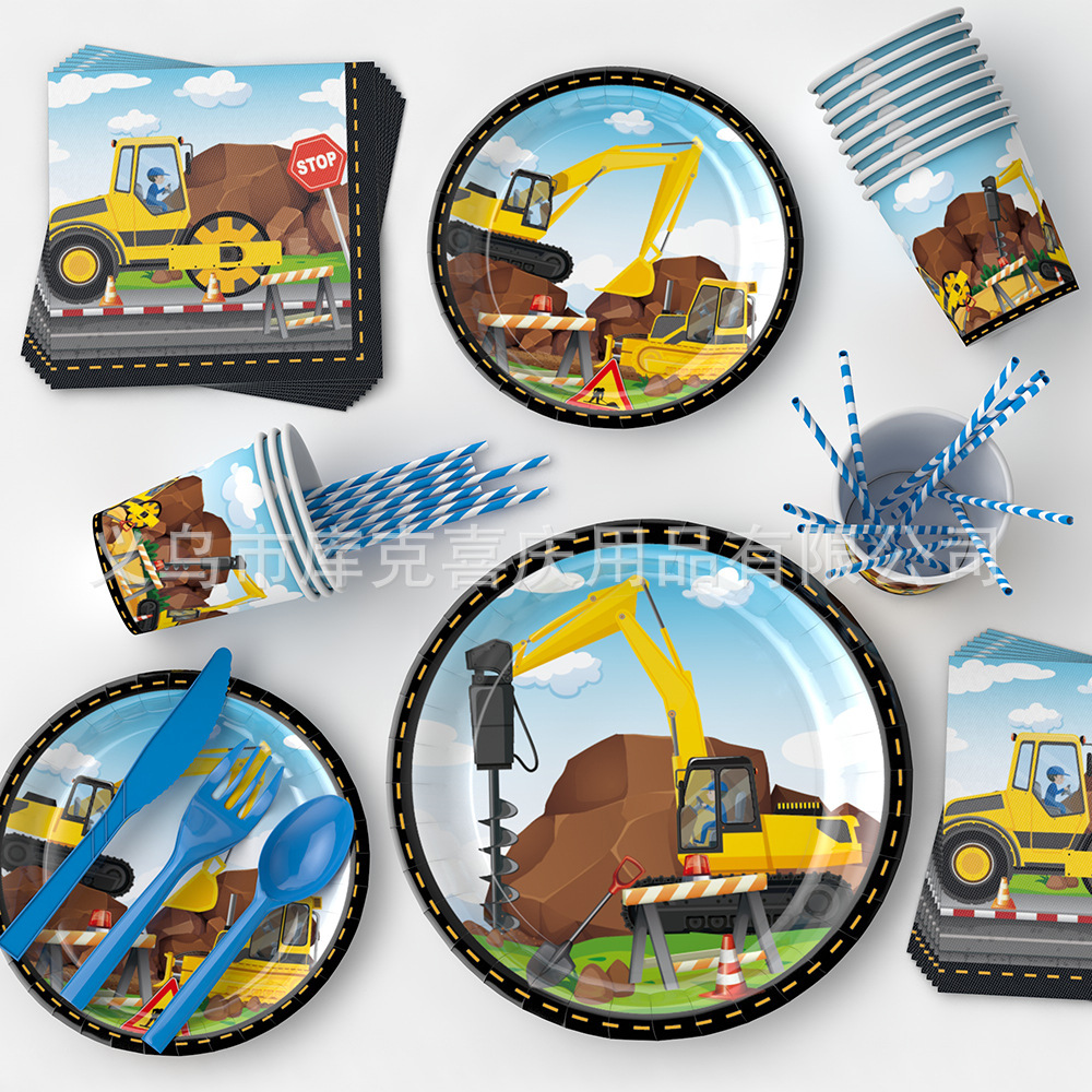 Nuevo vehículo de ingeniería tema Fiesta decoración suministros niño cumpleaños desechable papel taza placa tire bandera partido traje