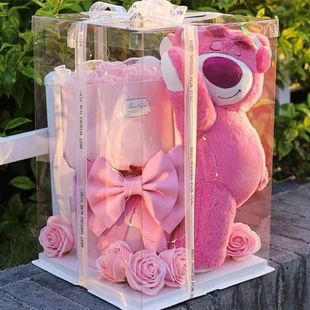 Strawberry Bear Rose Hugging Bucket Bouquet Birthday Gift for Girls Best Friends Female Classmates Children Gift for Girls