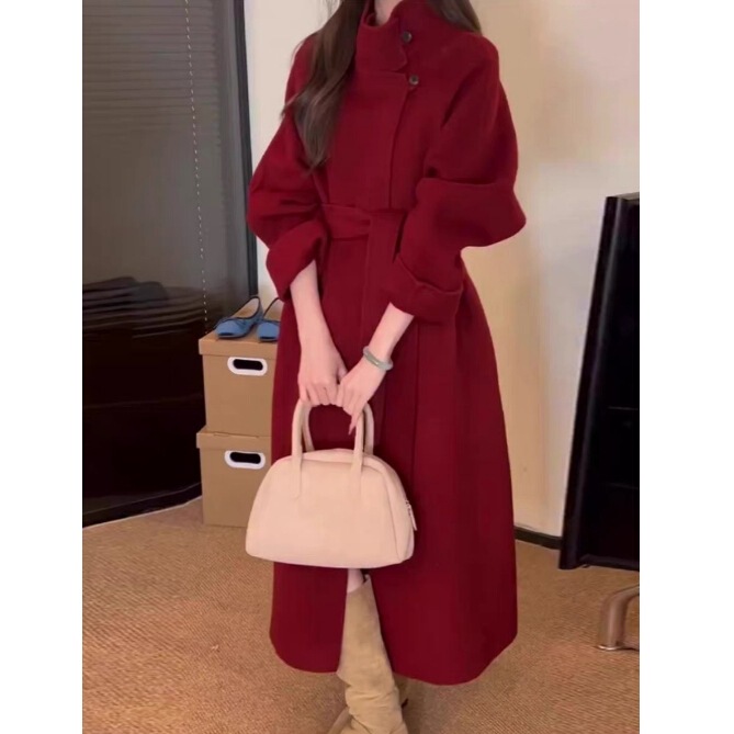 Red Coat for Women 2025 Autumn and Winter New Korean Style Stand Collar Wedding New Year Double-Sided Woolen Coat Red Coat for Women 2025 Autumn and Winter New Korean Style Stand Collar Wedding New Year Double-Sided Woolen Coat