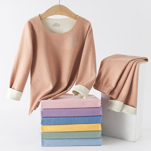 Children's double-sided fleece lined warm innerwear set, no bone crew neck long johns for young children