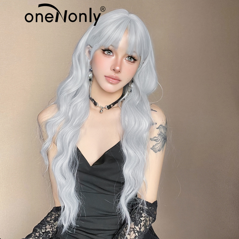 30 inch silvery white chemical fiber mechanism full head cover with neat bangs long wig fluffy naturally suitable for everyday wear