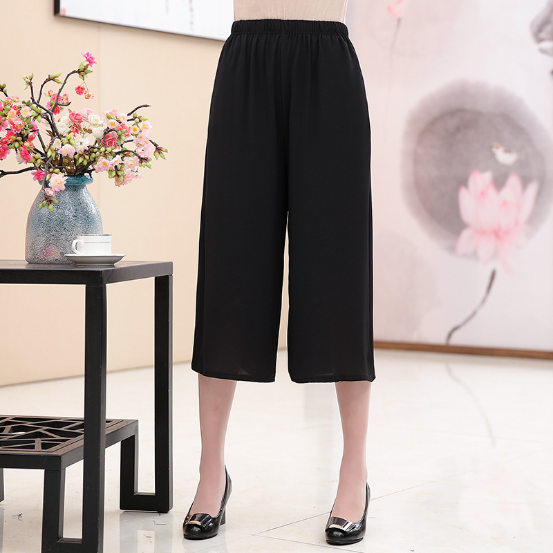 Middle-aged and Elderly Women's Pants Summer Chiffon Wide-leg Pants Plus Weight Plus Size Chubby Mother Capri Pants Elastically Tight High Waist All-match Women's Pants