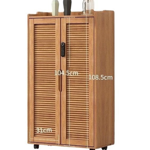 Lockable wooden shoe cabinet with wheels, multi-tiered and movable—ideal for home entryways, outdoor use, and as a secure shoe storage solution.