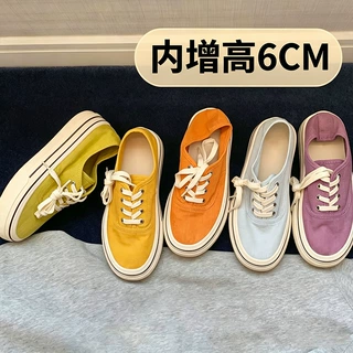 内增高6CM~帆布鞋女透气亚麻质感圆头百搭厚底学生系带板鞋休闲