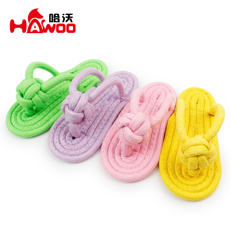 Colorido algodón cuerda tejida zapatillas perro juguetes al por mayor perro roer cuerda nudo molar juguetes al aire libre suministros para mascotas