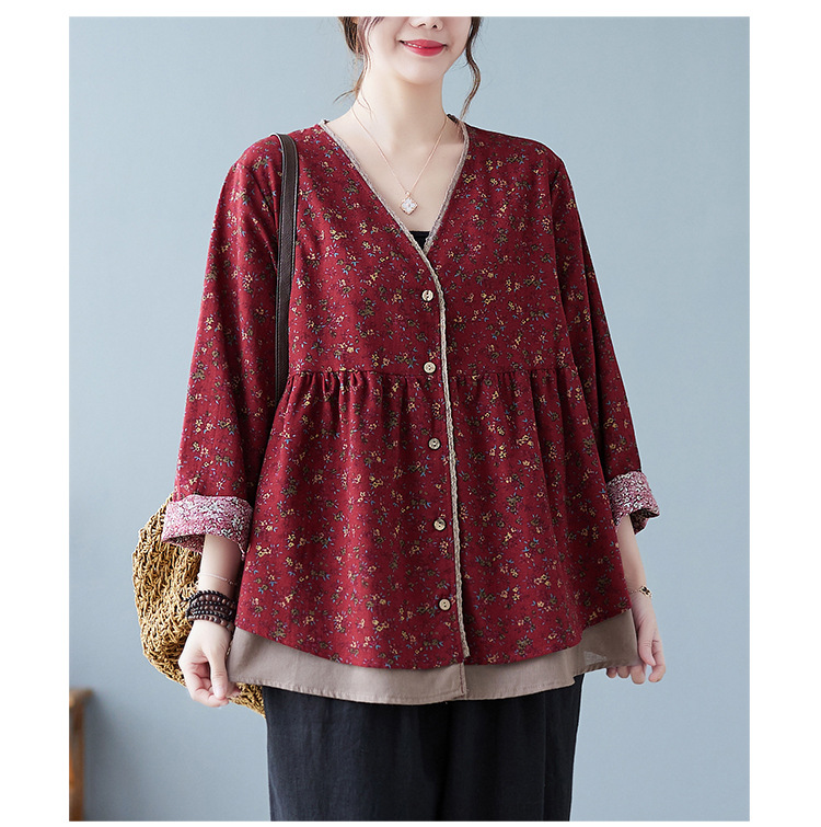 350g Weight Long Sleeve Sleeve Length Single Breasted Placket Type Regular Sleeve Sleeve Type Printing, Cotton and Linen, Hemp Fabric Type Ordinary Model (50cm <Length ≤ 65cm) Top Length Fake two-piece set, Shirt Tops Type V Neck Neckline Loose Fit Type Floral Pattern Temperament Commuter, Commute style Style Printing Craft Autumn 2025 Women's Floral V-neck Open Cardigan Fake Two-Piece Loose Cotton Linen Plus Size Shirt Elegant Commute Style 10