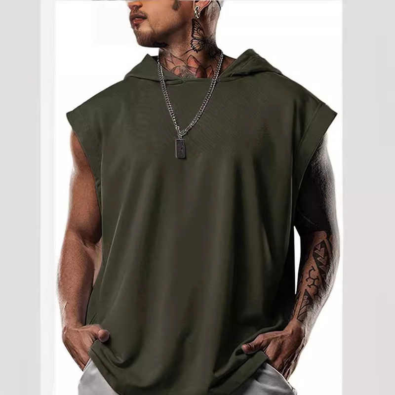2023 European and American Amazon New Casual Pullover Sports Casual Men's T-Shirt Trendy Sleeveless Hooded Loose Men's