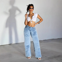 M81020跨境欧美风新款亚马逊水洗时尚拼接毛女士牛仔裤基础款直筒