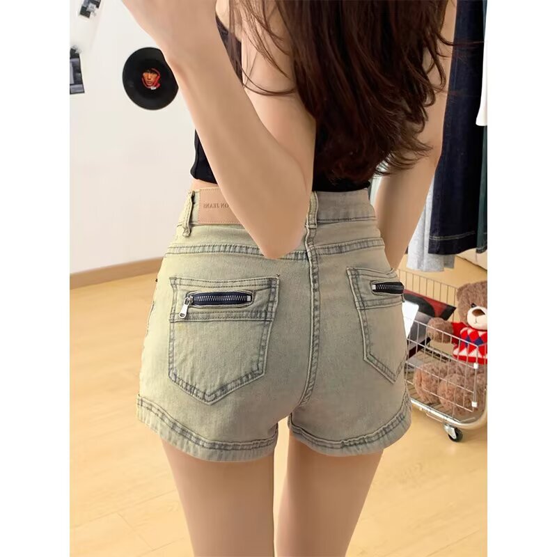 TikTok Explosive American Style Denim Shorts Women's High Waist Loose Slimming Hot Girl Fashion Design All-match Straight Shorts