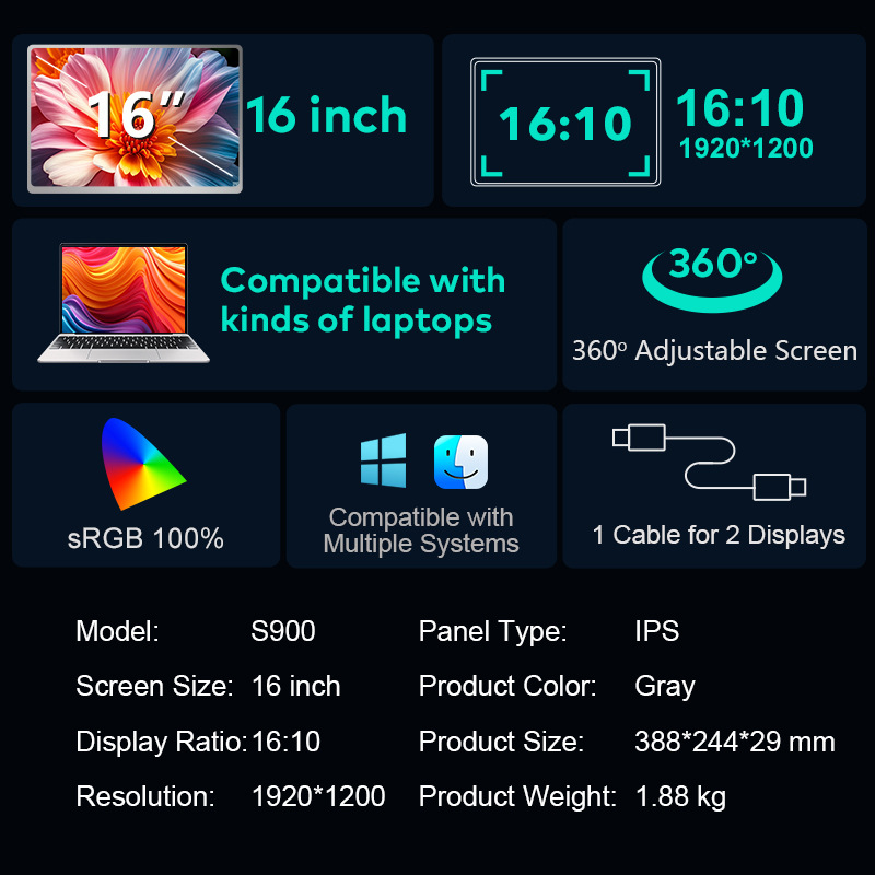 Monitor portátil de pantalla única/doble/triple, pantalla portátil secundaria para laptop