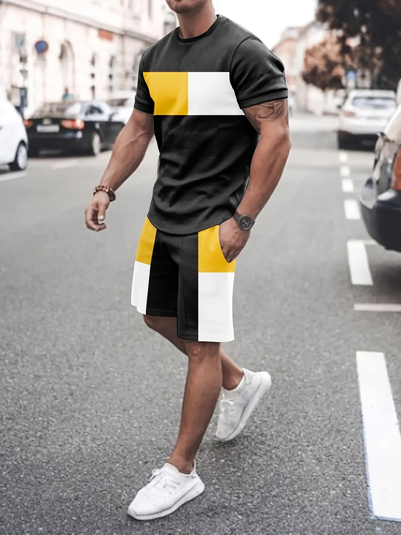 Comercio exterior europeo y americano verano nuevo estilo moda hombre simple impresión 3D a juego de color camiseta de manga corta traje de 2 piezas para hombre al por mayor