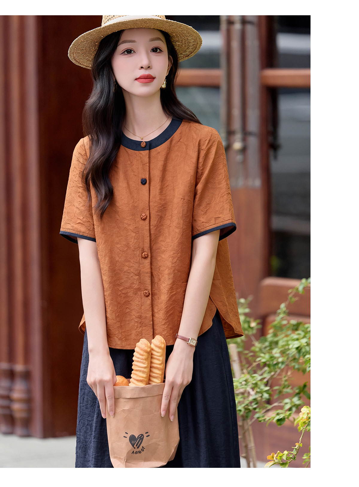 Bộ quần áo nữ hai mảnh gồm áo thun cổ tròn và quần ống đứng dài 9 phần — Cam + Xanh đậm, Vàng + Nâu chi tiết 20