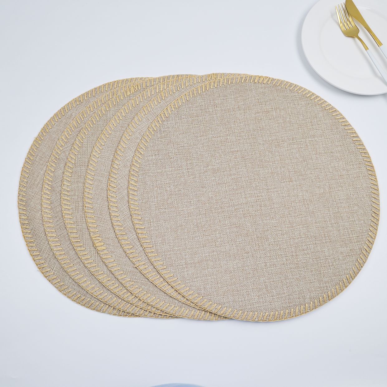 Nuevo redondo línea gruesa lino almohadilla de tela de poliéster de color sólido almohadilla de mesa de doble capa antideslizante aislamiento de tazas almohadilla de mesa