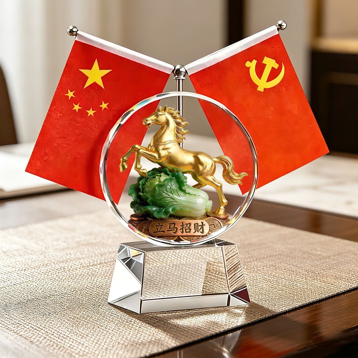 Year of the Horse Five-Star Red Flag Crystal Ornament, Creative High-End Office Desk Decoration, Brings Success, Attracts Wealth, and Protects the Home