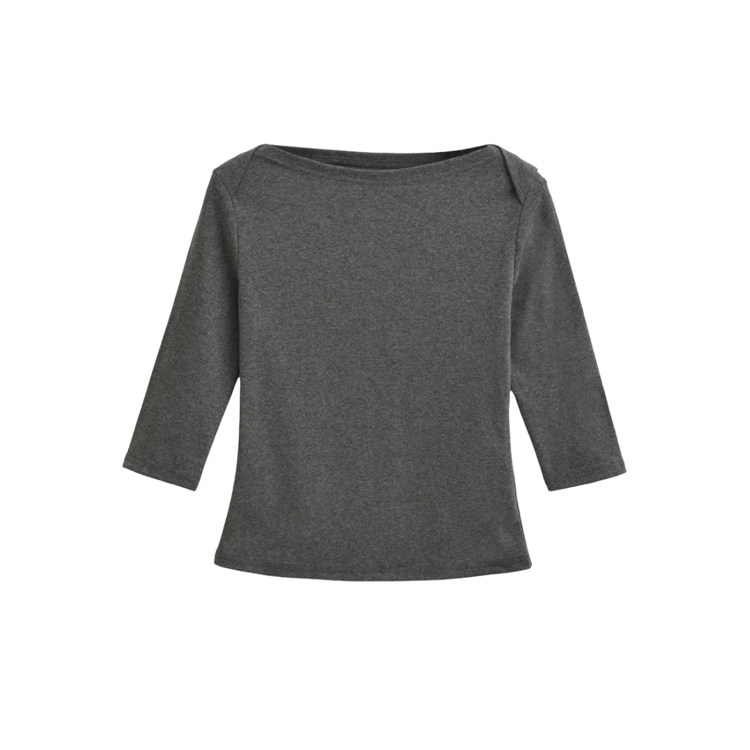 美式纯欲风一字领T恤女秋季新款复古绝美五分袖纯色打底衫上衣