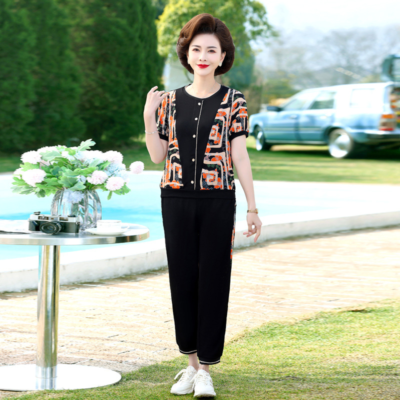 Mother's Summer Western Style Suit 2024 New Middle-aged Short-sleeved Top Two-piece Set Middle-aged and Elderly Women's Casual Sportswear