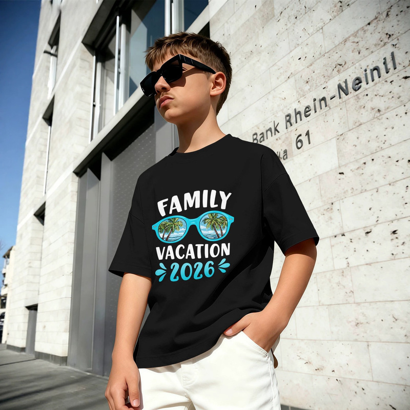 Big Kids' Casual T-Shirt with Family Vacation Theme Print, Summer Thin Style, Boys' Black Breathable Short-Sleeve, Wholesale Big Kids' Casual T-Shirt with Family Vacation Theme Print, Summer Thin Style, Boys' Black Breathable Short-Sleeve, Wholesale