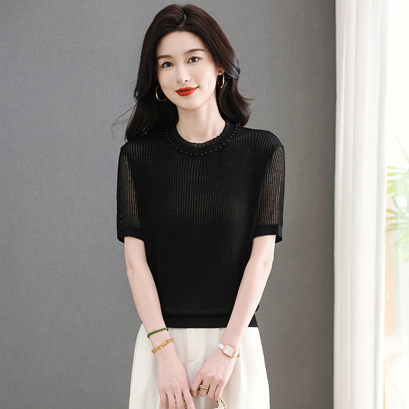 New Design Mesh Splicing Short-Sleeve T-Shirt for Women, Hollow-Out Thin Beaded Ice Silk Knit Top Trendy