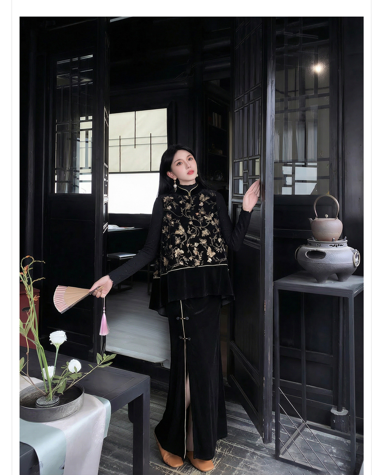 Bộ áo vest không tay thêu sequin đen vàng + chân váy nhung xẻ tà phong cách Trung Quốc mùa xuân hè — váy, áo vest chi tiết 11