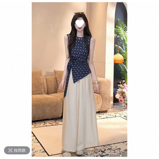 Q1E Round Face Crispy Wood Falling Smoke Retro Sweet Floral Lace-Up Sleeveless Waist Slimming Look Shirt