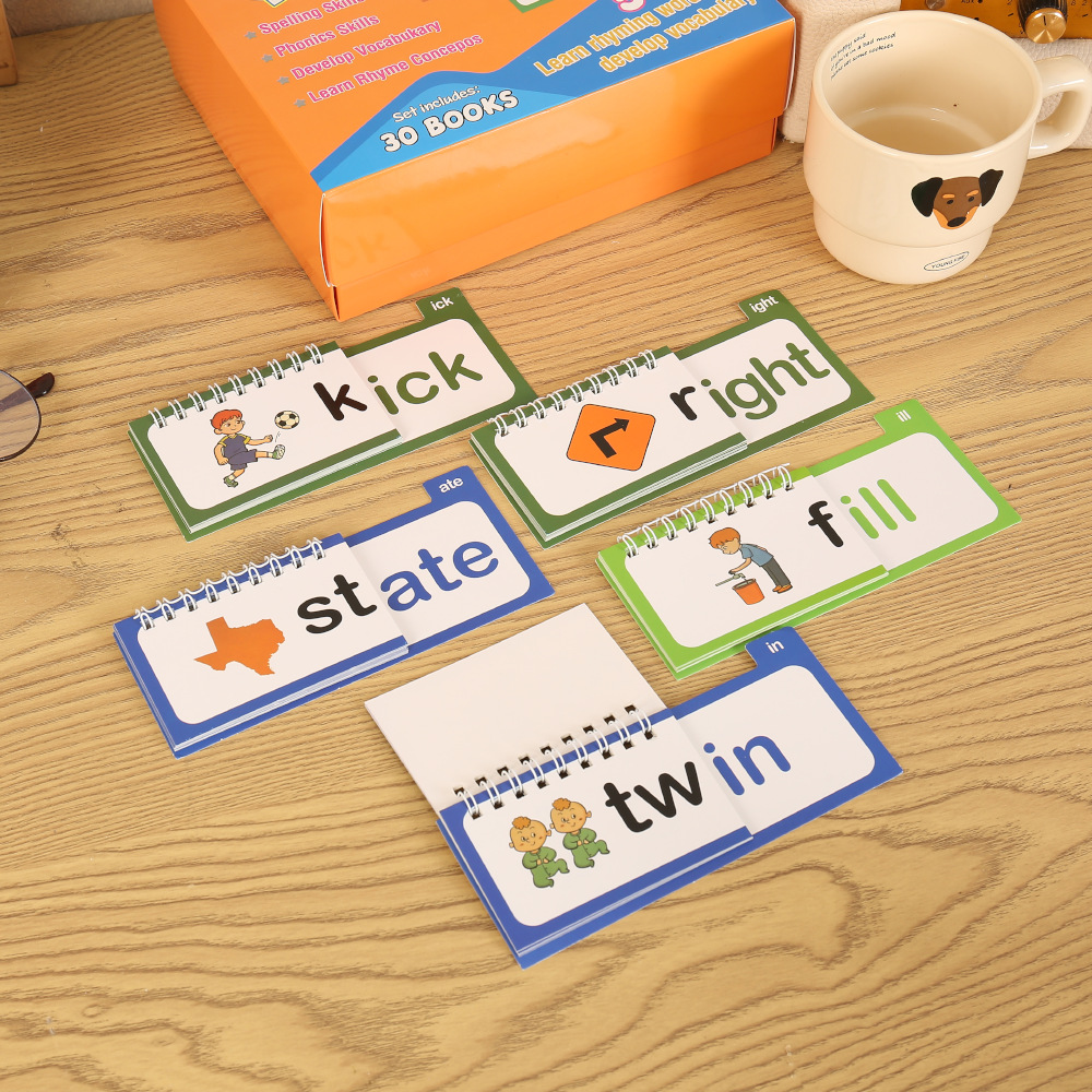 Transfronterizos OEM pequeña rima flash tarjeta de palabras 30 Read andRhyme Flip Books educación temprana