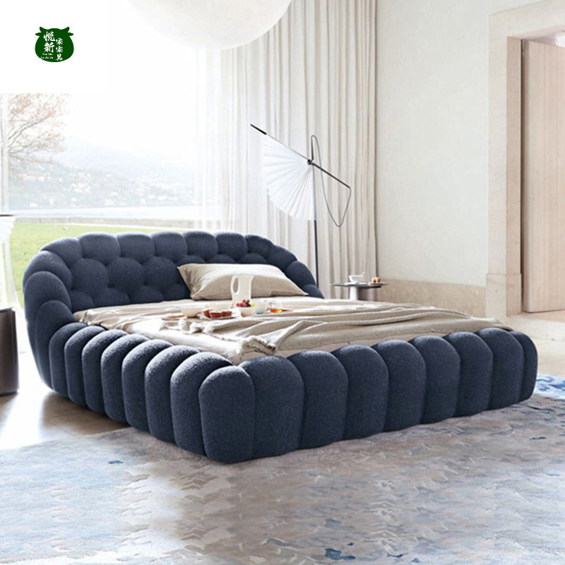 Teddy Velvet Fabric Bed, Trendy Bubble Bed, Modern Minimalist Designer High-End Bedroom Double Bed