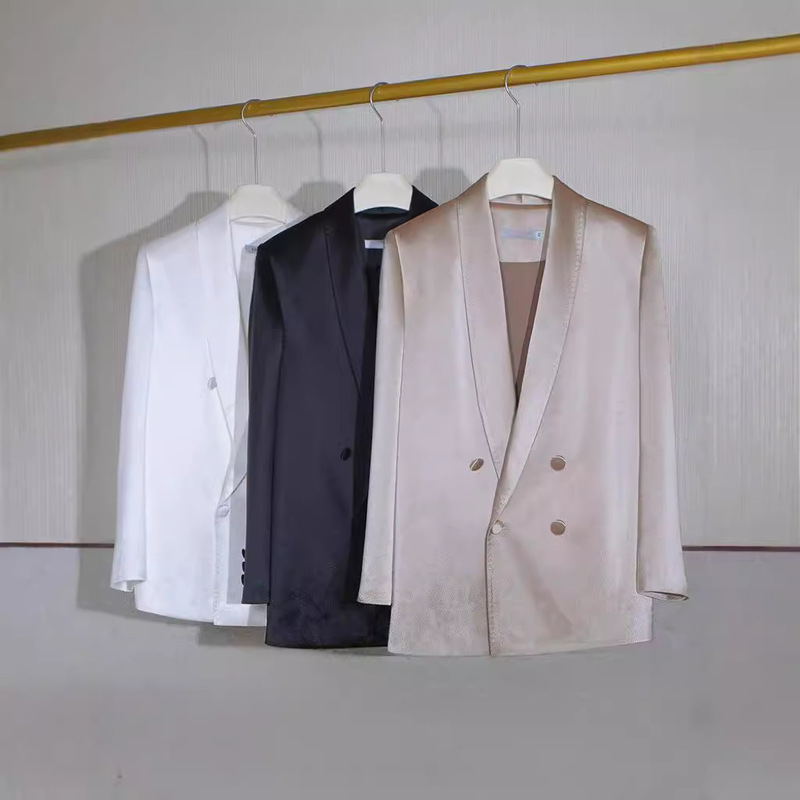 High-End Luxury Satin Acetate Blazer for Women, Spring and Summer, Double-Breasted, Loose Fit, Casual, Structured Shoulders with Shoulder Pads