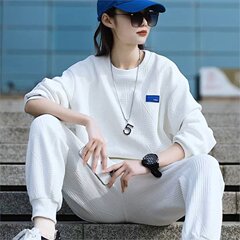 春秋港风白色休闲运动套装女宽松洋气圆领卫衣束脚裤两件套潮年轻