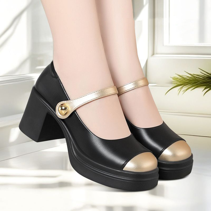 Color-Blocking~Fashionable Women's Chunky Heel Mary Jane Shoes, High-Heeled Round-Toe Elegant Women's Leather Shoes, Shallow Mouth Velcro Single Shoes Color-Blocking~Fashionable Women's Chunky Heel Mary Jane Shoes, High-Heeled Round-Toe Elegant Women's Leather Shoes, Shallow Mouth Velcro Single Shoes