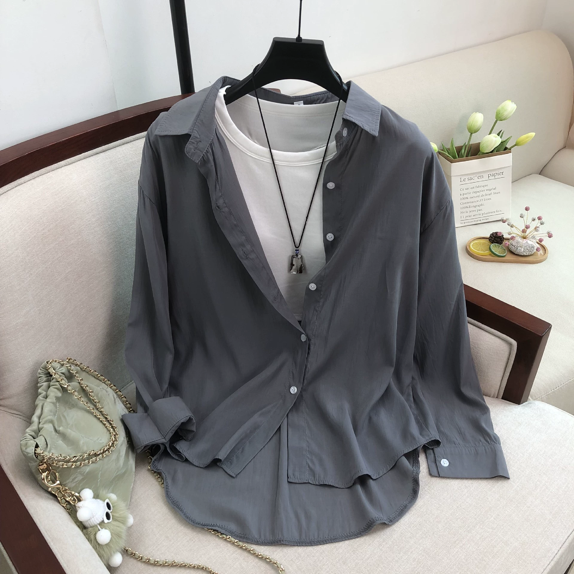 Реальная картина Tinsi хлопок ленивый ветер тонкая сплошная солнцезащитная рубашка простая средняя длинная рубашка с длинными рукавами