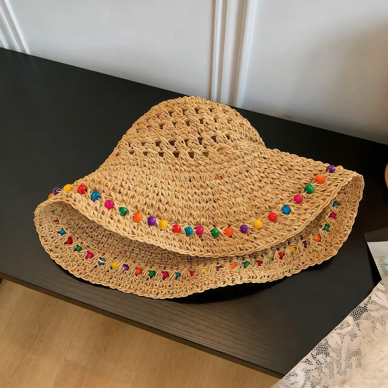 컬러풀한 비즈 밀짚모자-끈 없는 카키색