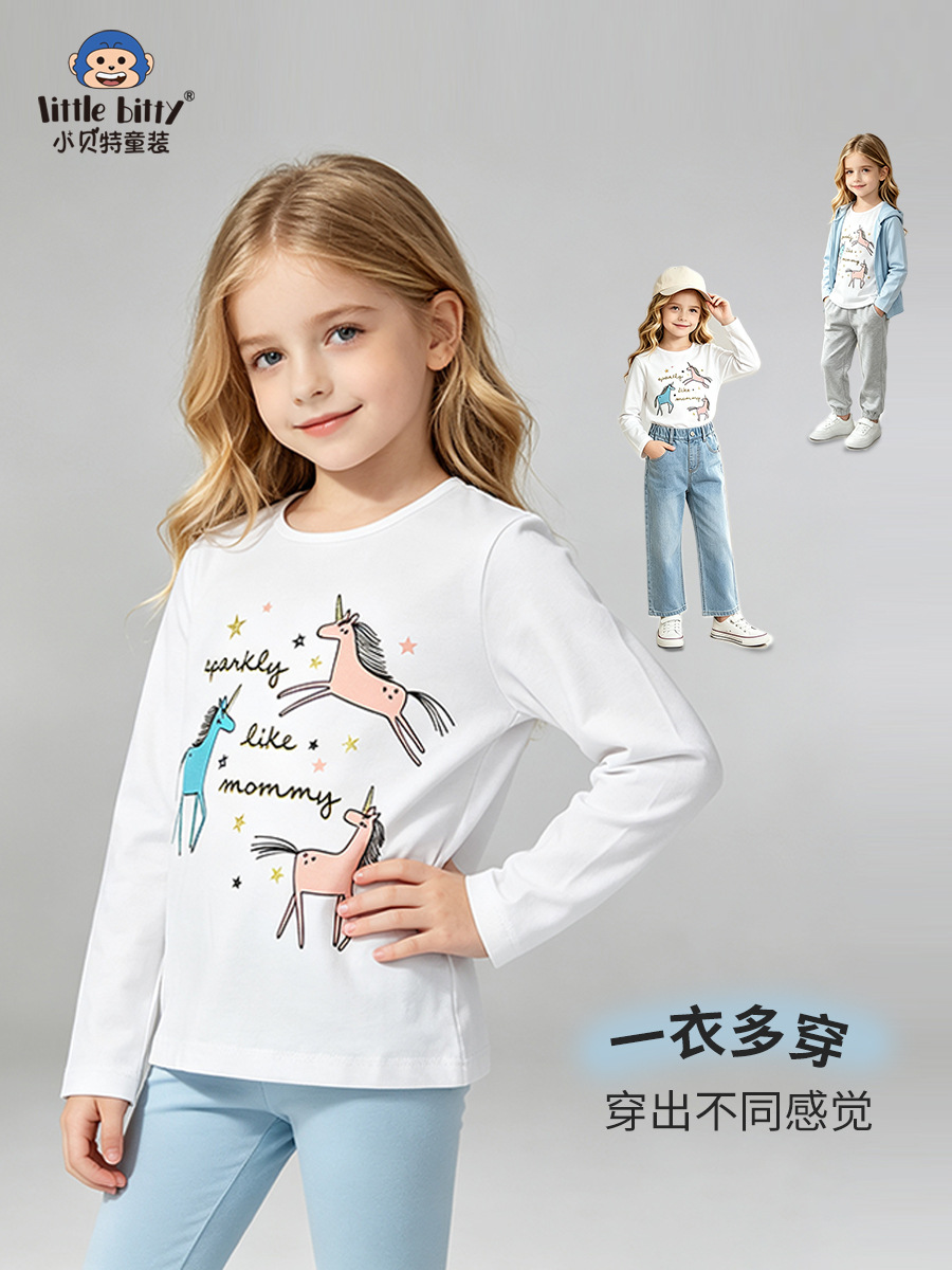 European and American 2026 children's long-sleeve T-shirt with unicorn print, girls' round-neck T-shirt top, autumn versatile ready-to-ship children's clothing