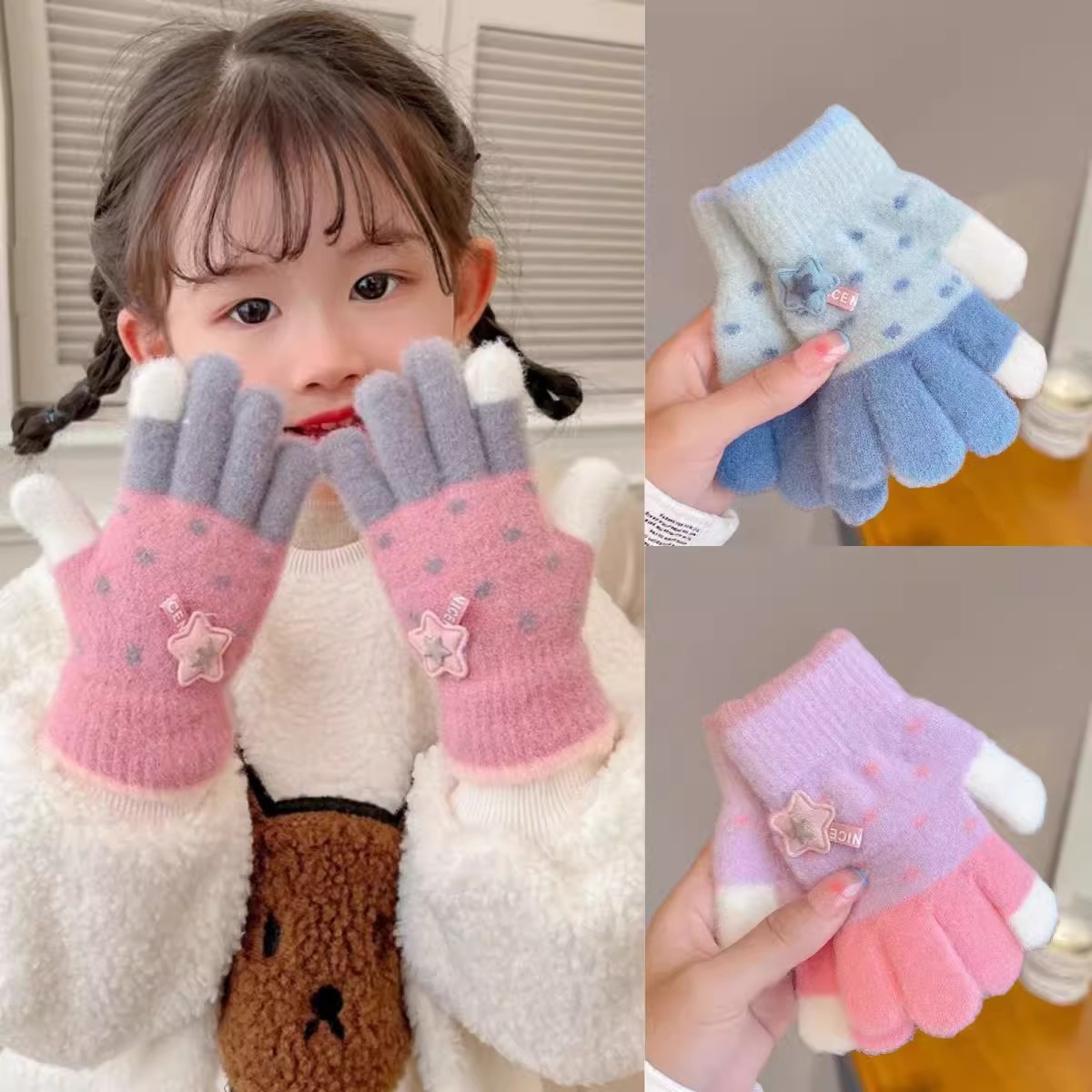 Guantes para niños otoño y invierno más terciopelo grueso estrella de dibujos animados para hombres y mujeres guantes todo incluido guantes de punto caliente a prueba de viento