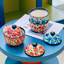 创意小盖碗炖盅出口韩国高颜值陶瓷带盖甜品碗家用蒸蛋羹专用碗