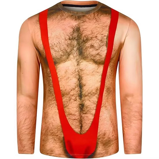 European and American Cross-Border Popular Men's Long-Sleeve T-Shirt with Quirky 3D Chest Hair Print for Fun Holiday Parties and Dance Events