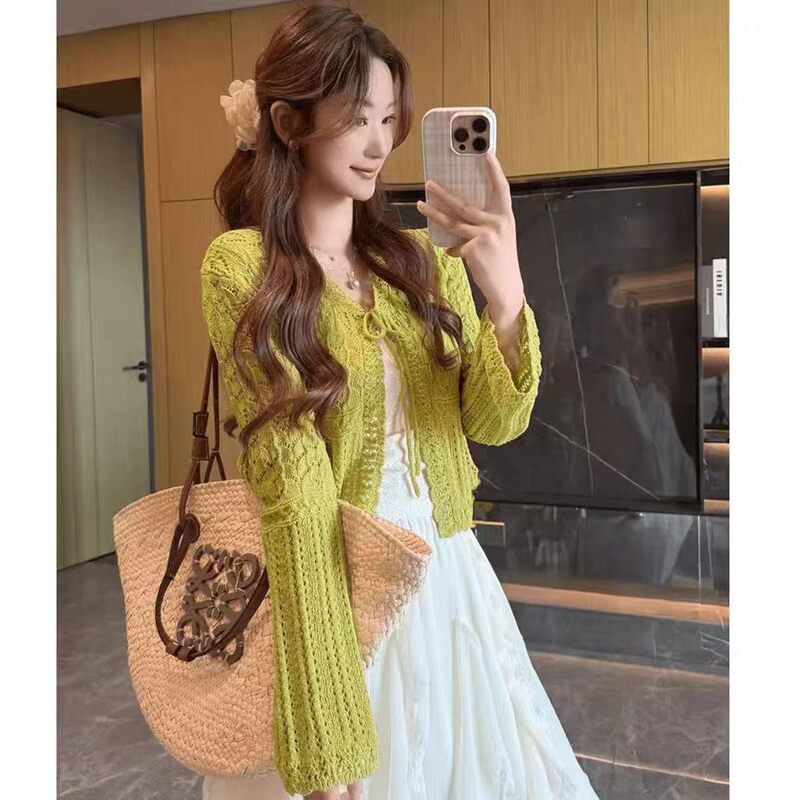 Gentle Style Lace-Up Hollow-Out Knitted Cardigan for Women, New Summer Thin Breathable Outerwear, Super Stylish Top, Sun Protection Clothing Gentle Style Lace-Up Hollow-Out Knitted Cardigan for Women, New Summer Thin Breathable Outerwear, Super Stylish Top, Sun Protection Clothing