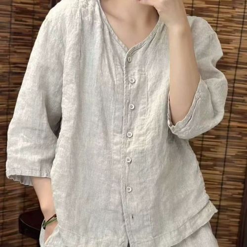 2025 New Solid Color Cotton Linen Loose Top Literary and Elegant Casual Seven-Sleeve Open Shirt Blouse T-Shirt for Women