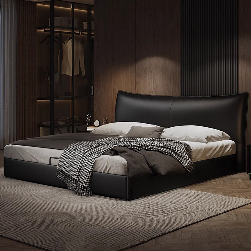 Cama de cuero, cama principal de cuero de vaca, cama de almacenamiento de tres extracciones, cama doble moderna y simple.