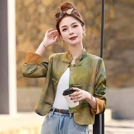 新中式国风外套女春新款复古水墨画立领盘扣洋气2025显瘦唐装上衣