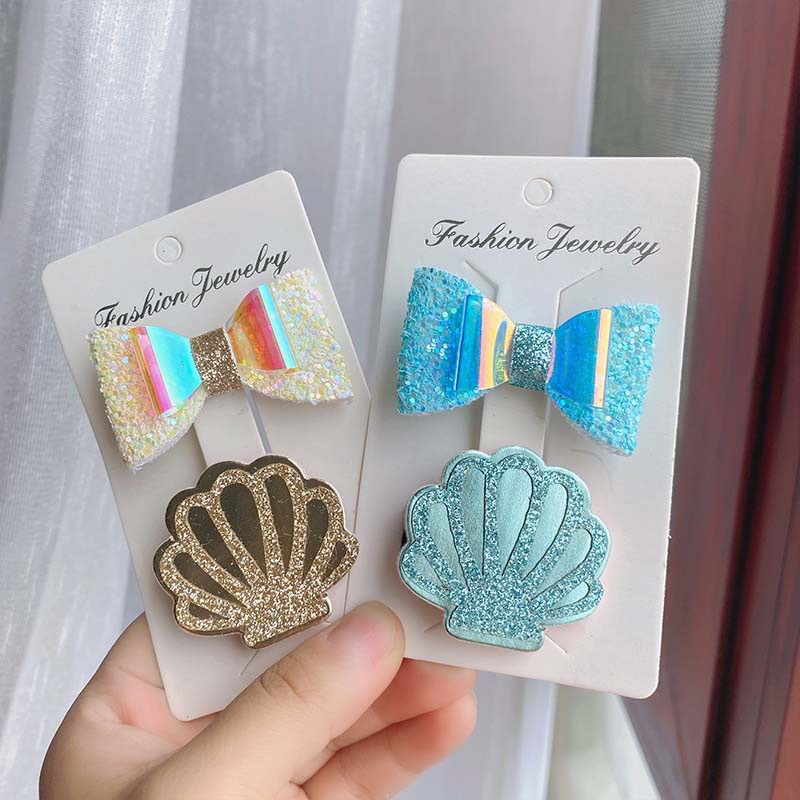 50g Weight Hair Clip Hair Accessories Type 2 Pieces Set Quantity Holiday Occasion Bow Knot, Shell Pattern Kid'S Gender Vacation Style Kid's Vacation Bow Knot Shell Cloth Hair Clip 10