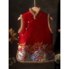 中式立领提花毛边马甲2025年冬季新款国风刺绣双面双穿民族风上衣