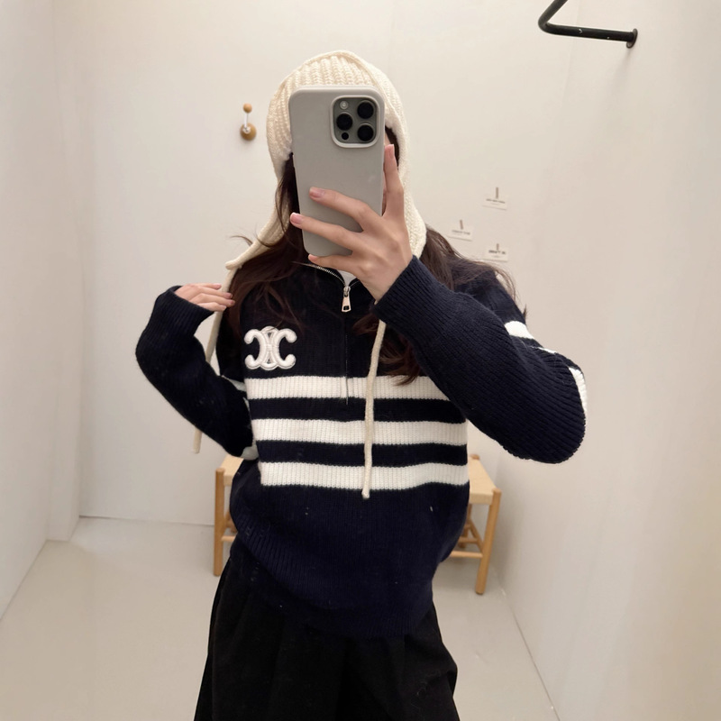 Ce High Version Autumn and Winter New Half-Zip Retro Contrast Stripesd Knitted Jacket Sweater Ce High Version Autumn and Winter New Half-Zip Retro Contrast Stripesd Knitted Jacket Sweater