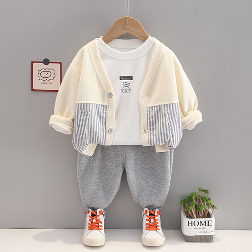 New autumn clothing for children and middle-aged children, casual bottoming T-shirts, spliced ​​sleeves, sports autumn long-sleeved trousers, fashionable three-piece set