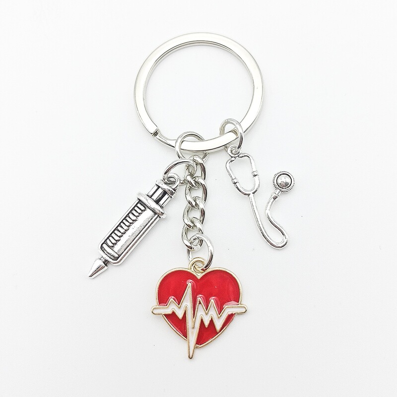 Doctor Nurse keychain for medical students blessing gift ECG syringe stethoscope peach heart pendant