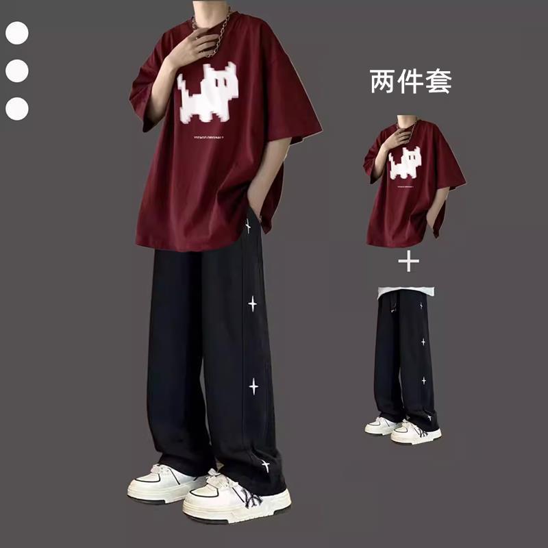 Hong Kong Style Loose Short-sleeved T-shirt Men's Summer suit Teenagers Yuppi Handsome Men's Wear Set Student Two-piece Set