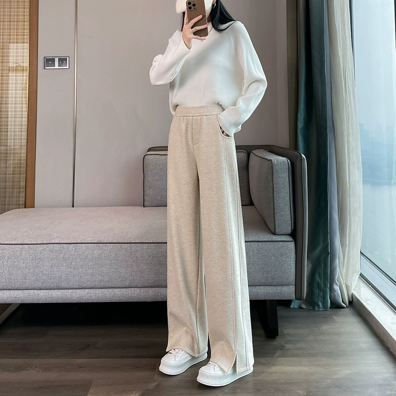 Елочка из шерстяной шерстяной банан широкие брюки с плюшевым толстым толстым женским осенним и зимним девятью плюсами прямые брюки свободного кроя