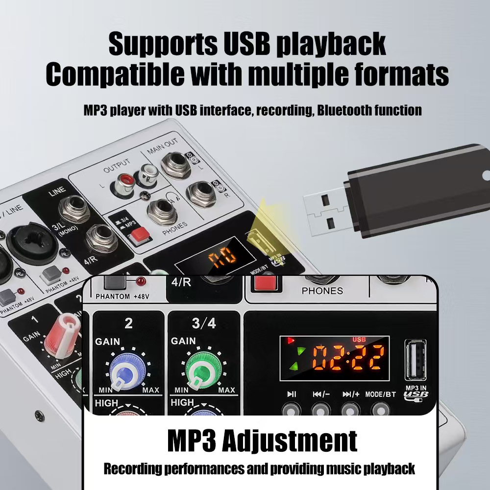 Transfronterizo cuatro perilla RGB pequeña mezcladora Bluetooth con efecto de reverberación micrófono K canción conferencia de rendimiento de escenario